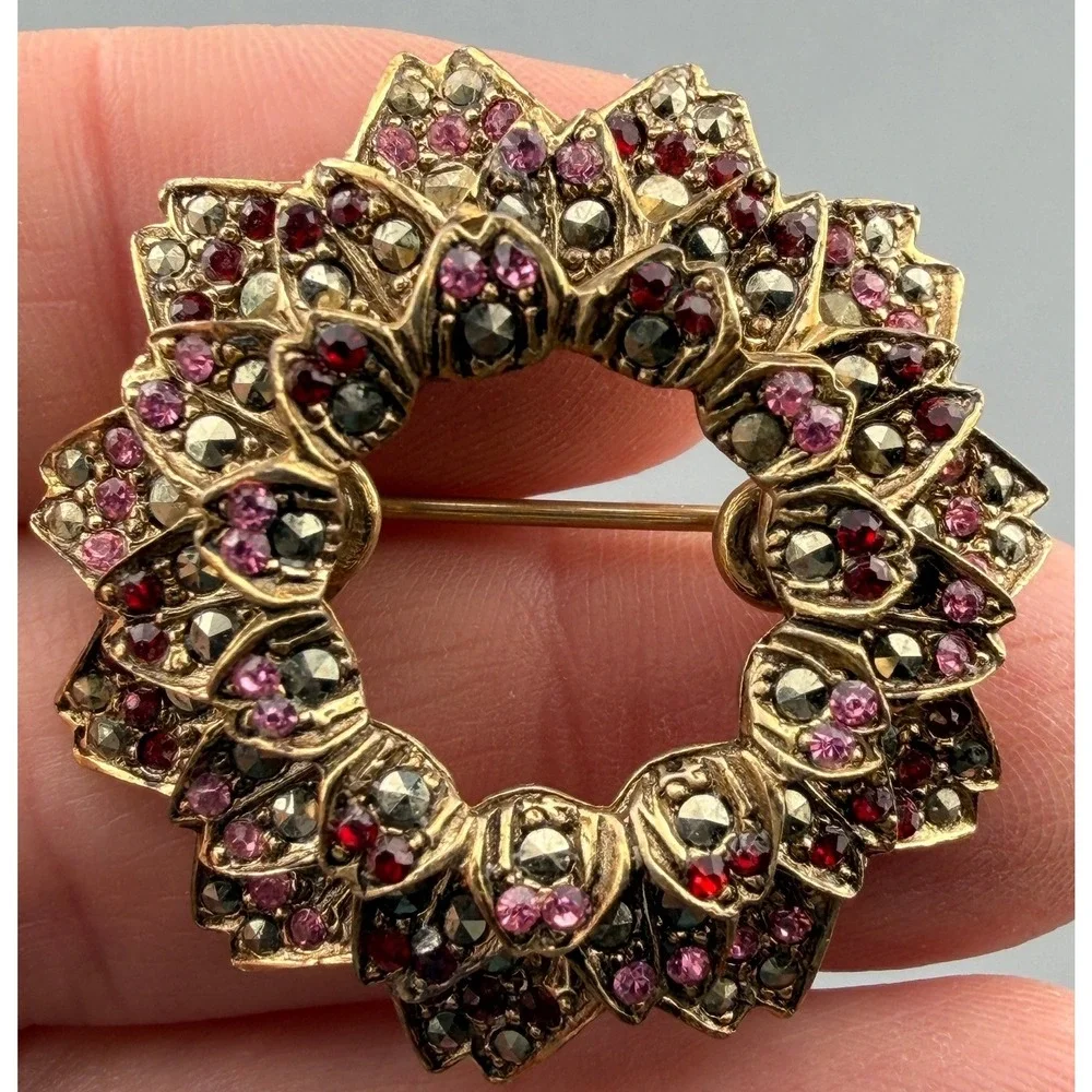 Vintage Les Bernard Brooch Pink Red Rhinestone Marcasites Dimensional Floral